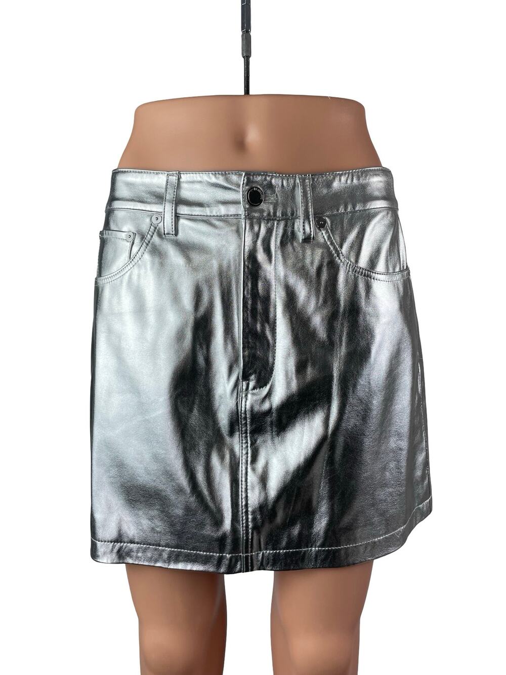 BlankNYC Silver Faux Leather Vegan Metallic Mid Waist Pencil Mini Skirt Size 27